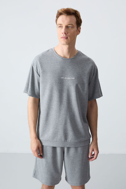 Grey Melange Cotton Thick Soft Textured Oversize Fit Basic Men's Shorts Set - 85257