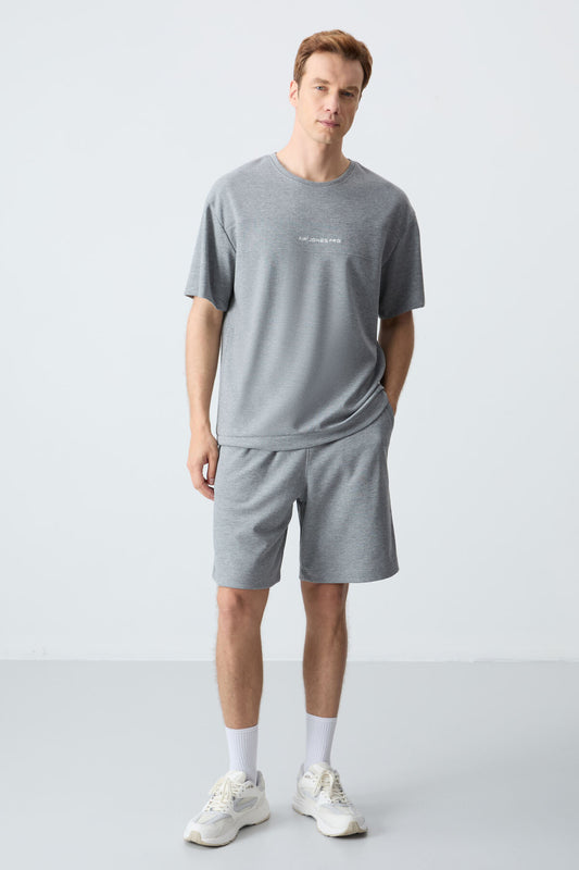 Grey Melange Cotton Thick Soft Textured Oversize Fit Basic Men's Shorts Set - 85257