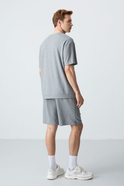 Grey Melange Cotton Thick Soft Textured Oversize Fit Basic Men's Shorts Set - 85257