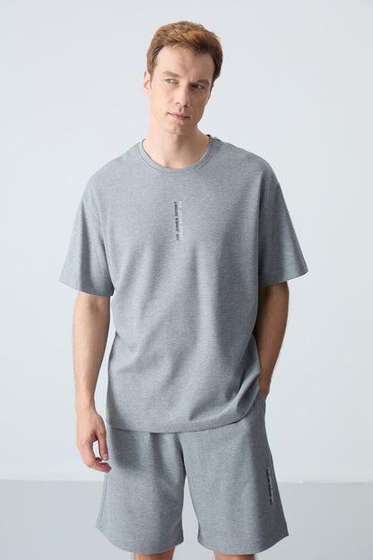 Grey Melange Cotton Thick Soft Textured Oversize Fit Basic Men's Shorts Set - 85258