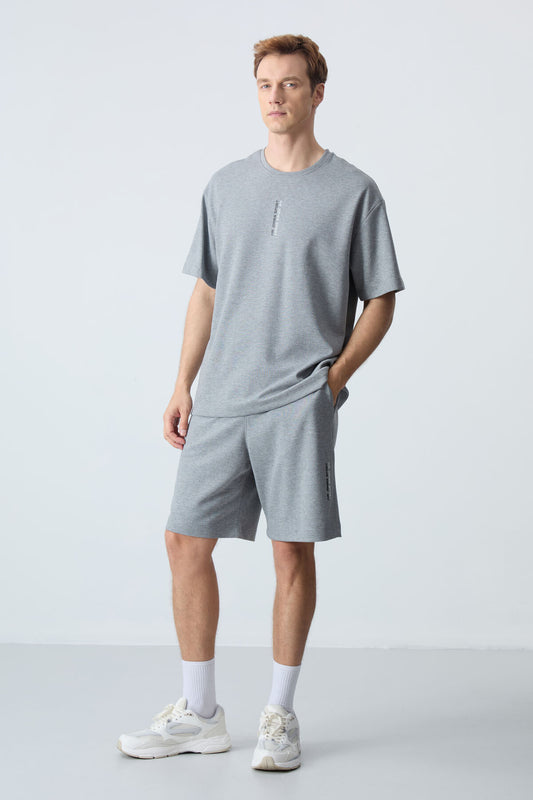 Grey Melange Cotton Thick Soft Textured Oversize Fit Basic Men's Shorts Set - 85258
