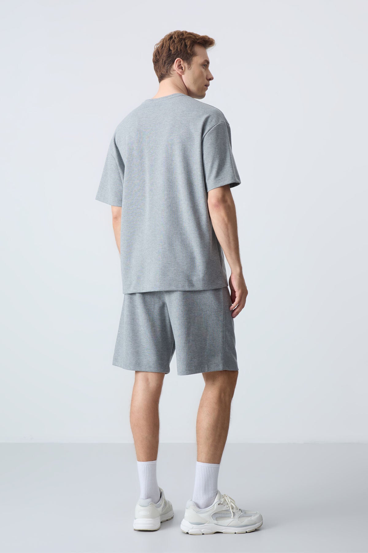 Grey Melange Cotton Thick Soft Textured Oversize Fit Basic Men's Shorts Set - 85258