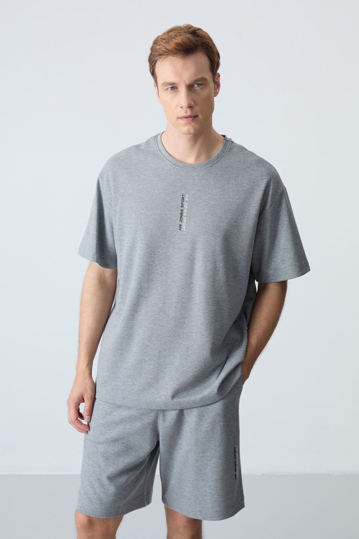 Grey Melange Cotton Thick Soft Textured Oversize Fit Basic Men's Shorts Set - 85258