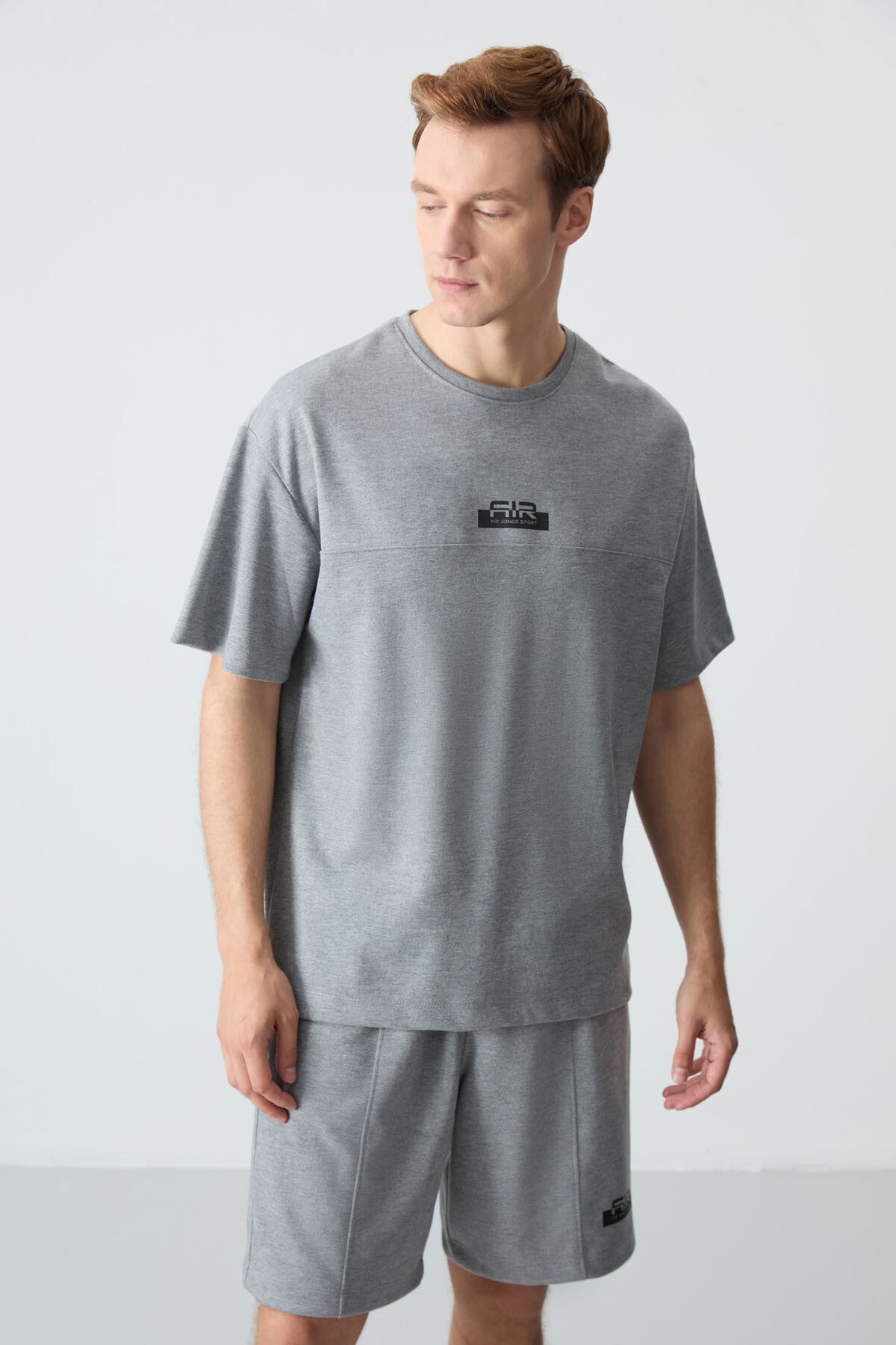 Grey Melange Cotton Thick Soft Textured Oversize Fit Basic Men's Shorts Set - 85259