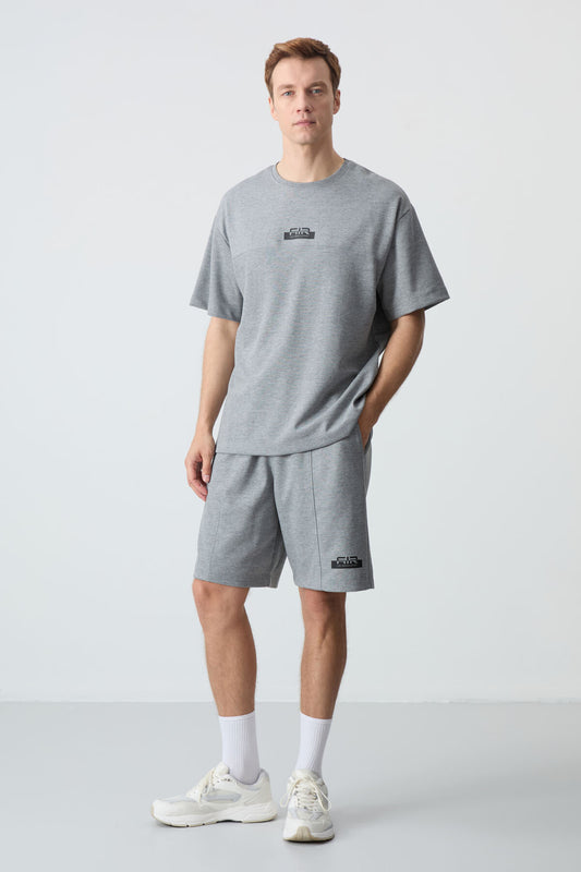 Grey Melange Cotton Thick Soft Textured Oversize Fit Basic Men's Shorts Set - 85259
