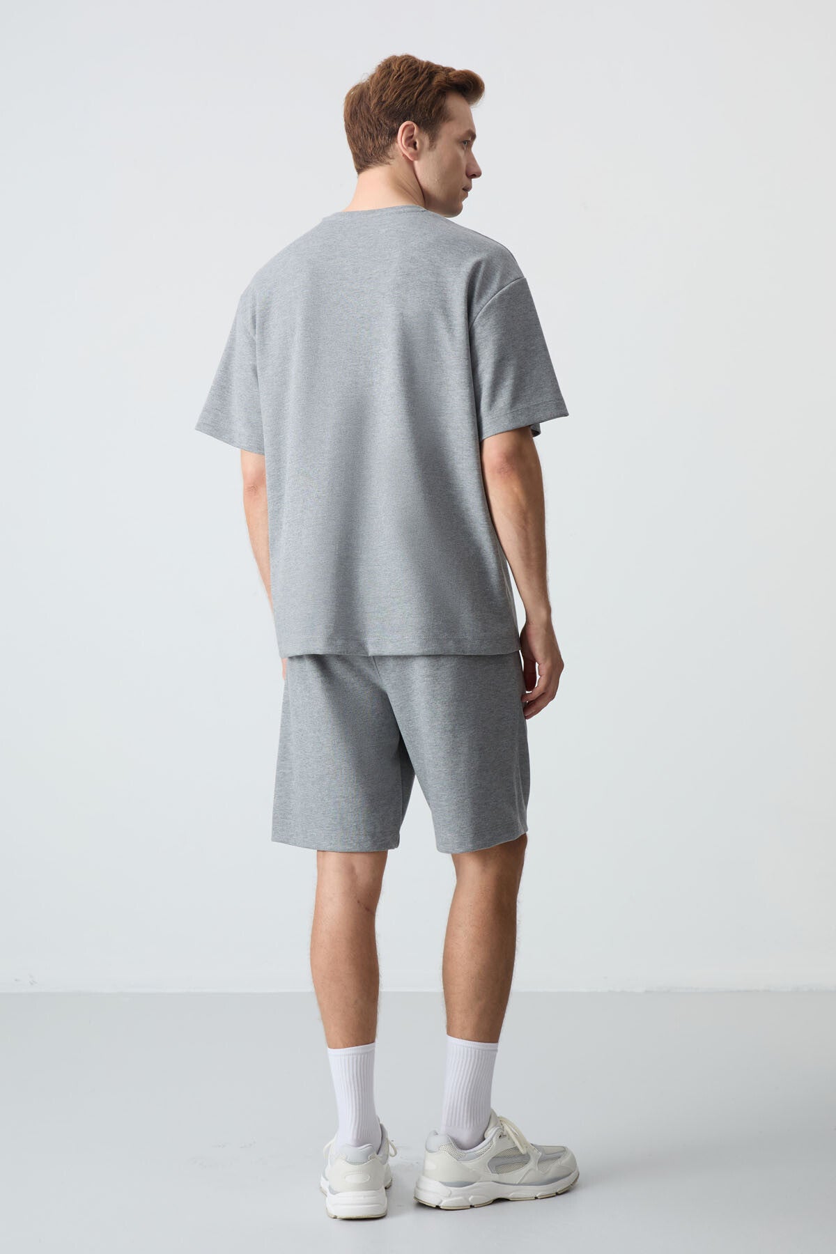 Grey Melange Cotton Thick Soft Textured Oversize Fit Basic Men's Shorts Set - 85259
