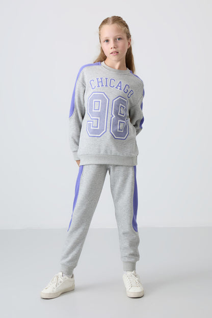 Grey Melange Cotton Fleece-Lined Soft Textured Standard Fit Printed Girls' Tracksuit Set - 75170