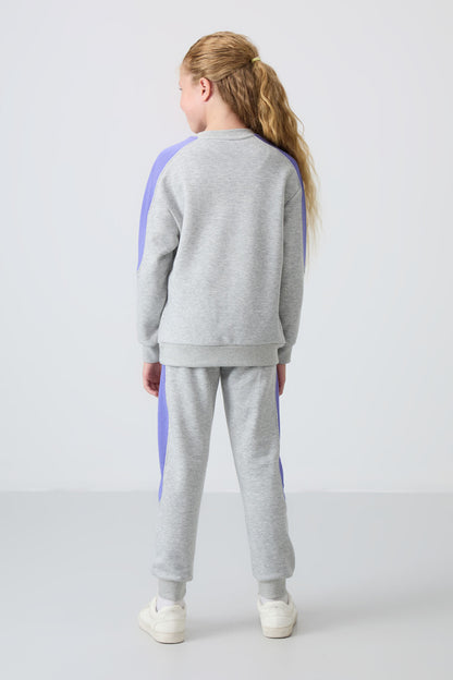 Grey Melange Cotton Fleece-Lined Soft Textured Standard Fit Printed Girls' Tracksuit Set - 75170