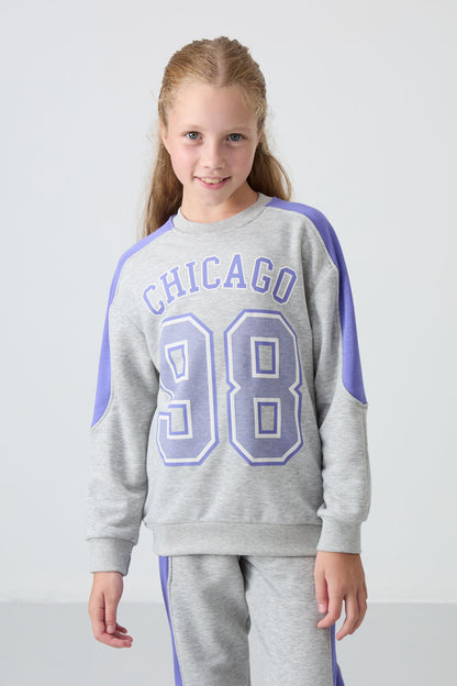 Grey Melange Cotton Fleece-Lined Soft Textured Standard Fit Printed Girls' Tracksuit Set - 75170