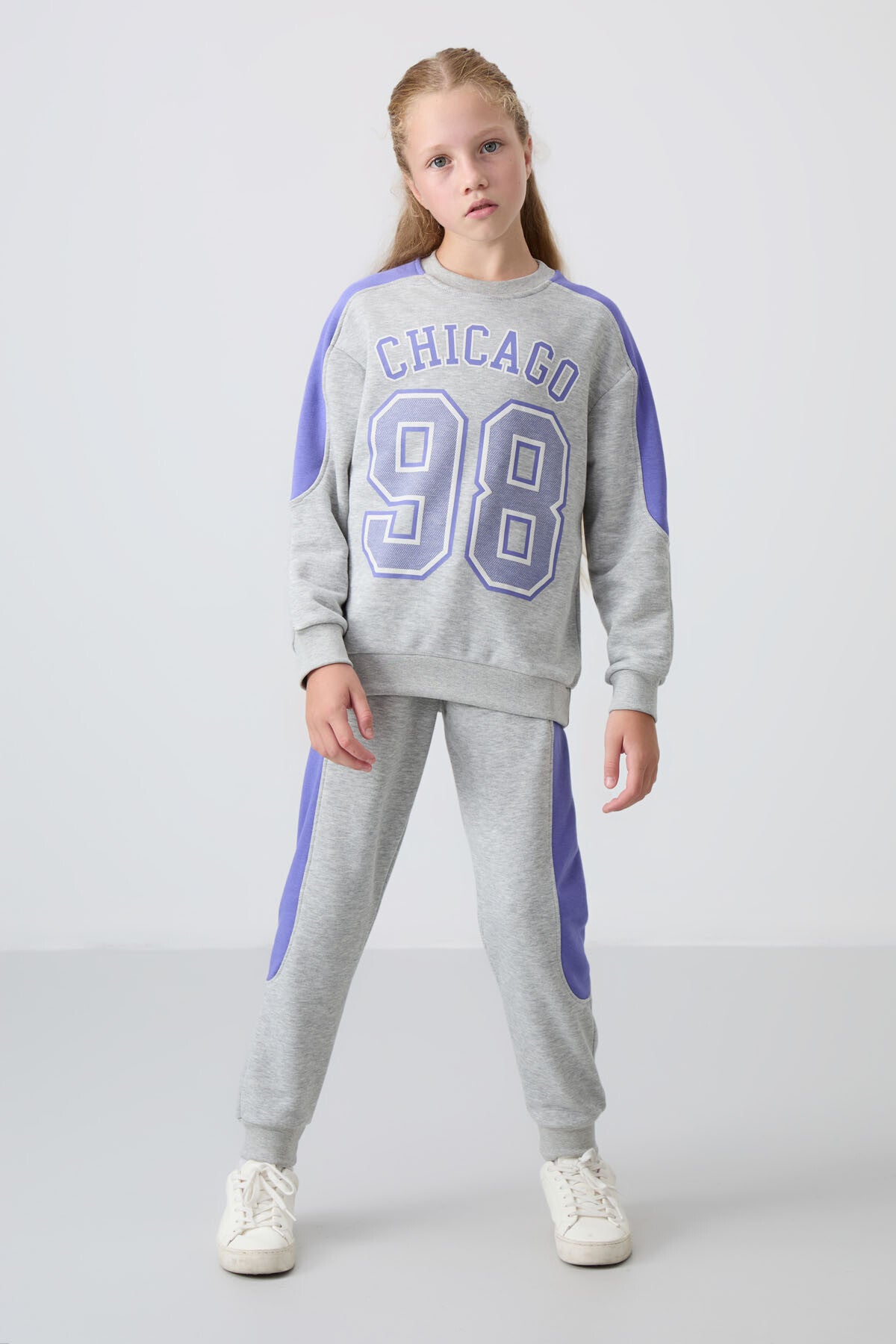 Grey Melange Cotton Fleece-Lined Soft Textured Standard Fit Printed Girls' Tracksuit Set - 75170