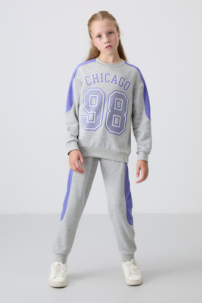 Grey Melange Cotton Fleece-Lined Soft Textured Standard Fit Printed Girls' Tracksuit Set - 75170