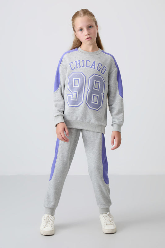 Grey Melange Cotton Fleece-Lined Soft Textured Standard Fit Printed Girls' Tracksuit Set - 75170