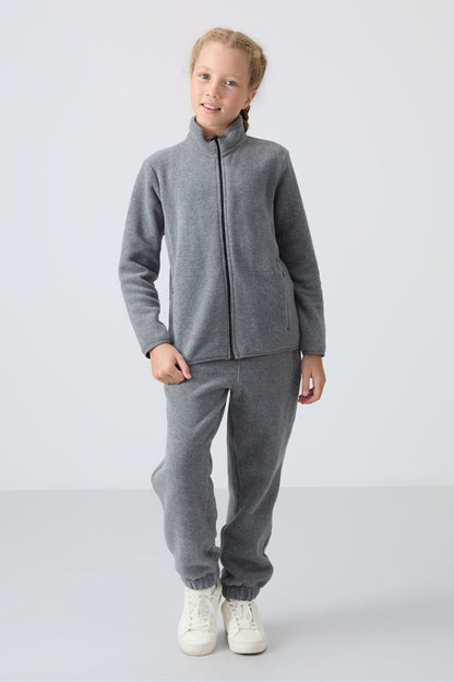 Grey Melange Thick Soft Textured Standard Fit Embroidered Fleece Girls' Sweatshirt - 75154