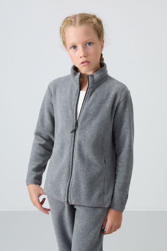 Grey Melange Thick Soft Textured Standard Fit Embroidered Fleece Girls' Sweatshirt - 75154