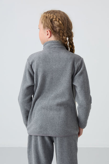 Grey Melange Thick Soft Textured Standard Fit Embroidered Fleece Girls' Sweatshirt - 75154