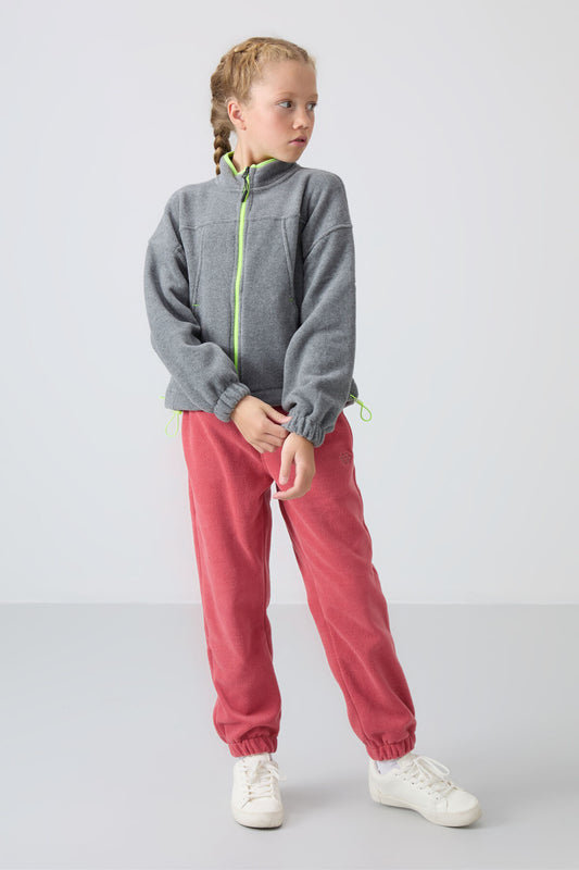 Grey Melange Thick Soft Textured Standard Fit Embroidered Fleece Girls' Sweatshirt - 75157