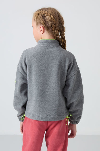 Grey Melange Thick Soft Textured Standard Fit Embroidered Fleece Girls' Sweatshirt - 75157