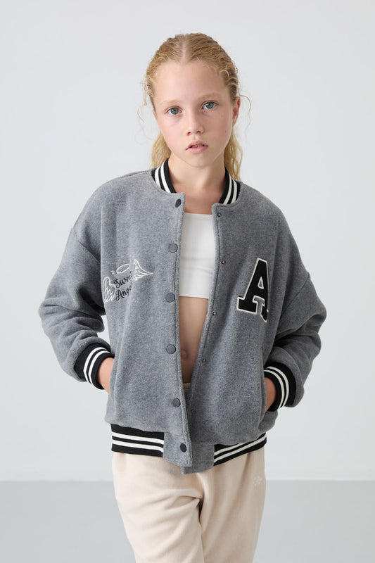 Grey Melange Thick Soft Textured Standard Fit Embroidered Fleece Girls' College Jacket - 75156