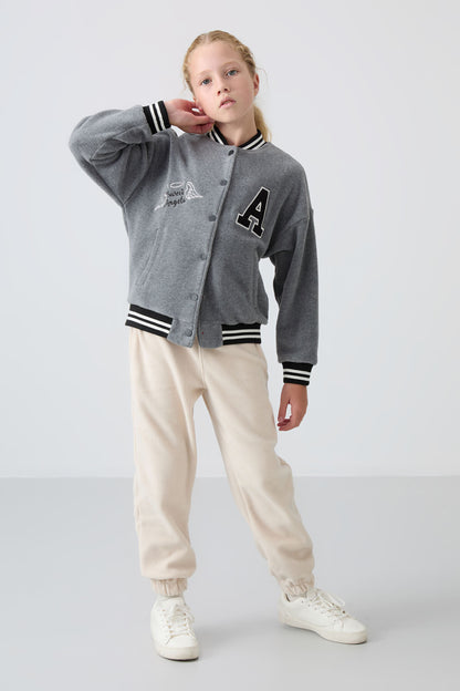 Grey Melange Thick Soft Textured Standard Fit Embroidered Fleece Girls' College Jacket - 75156