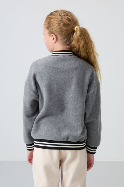 Grey Melange Thick Soft Textured Standard Fit Embroidered Fleece Girls' College Jacket - 75156
