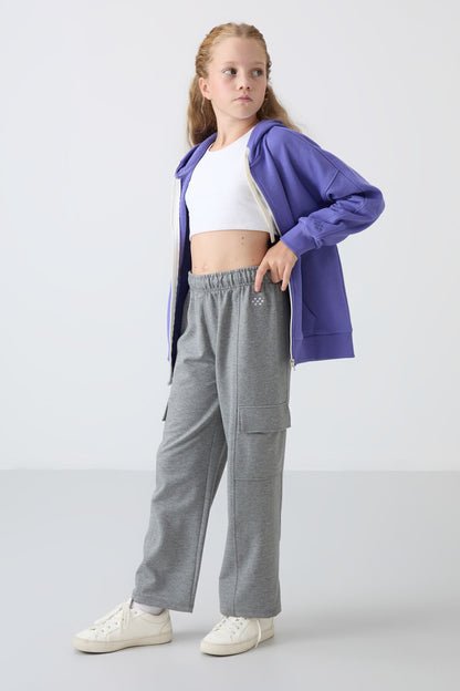 Grey Melange Cargo Pocket Front Stitch Detailed Wide Leg Girls' Tracksuit Bottom - 75143