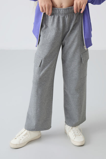 Grey Melange Cargo Pocket Front Stitch Detailed Wide Leg Girls' Tracksuit Bottom - 75143