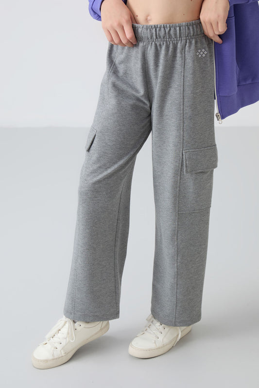 Grey Melange Cargo Pocket Front Stitch Detailed Wide Leg Girls' Tracksuit Bottom - 75143