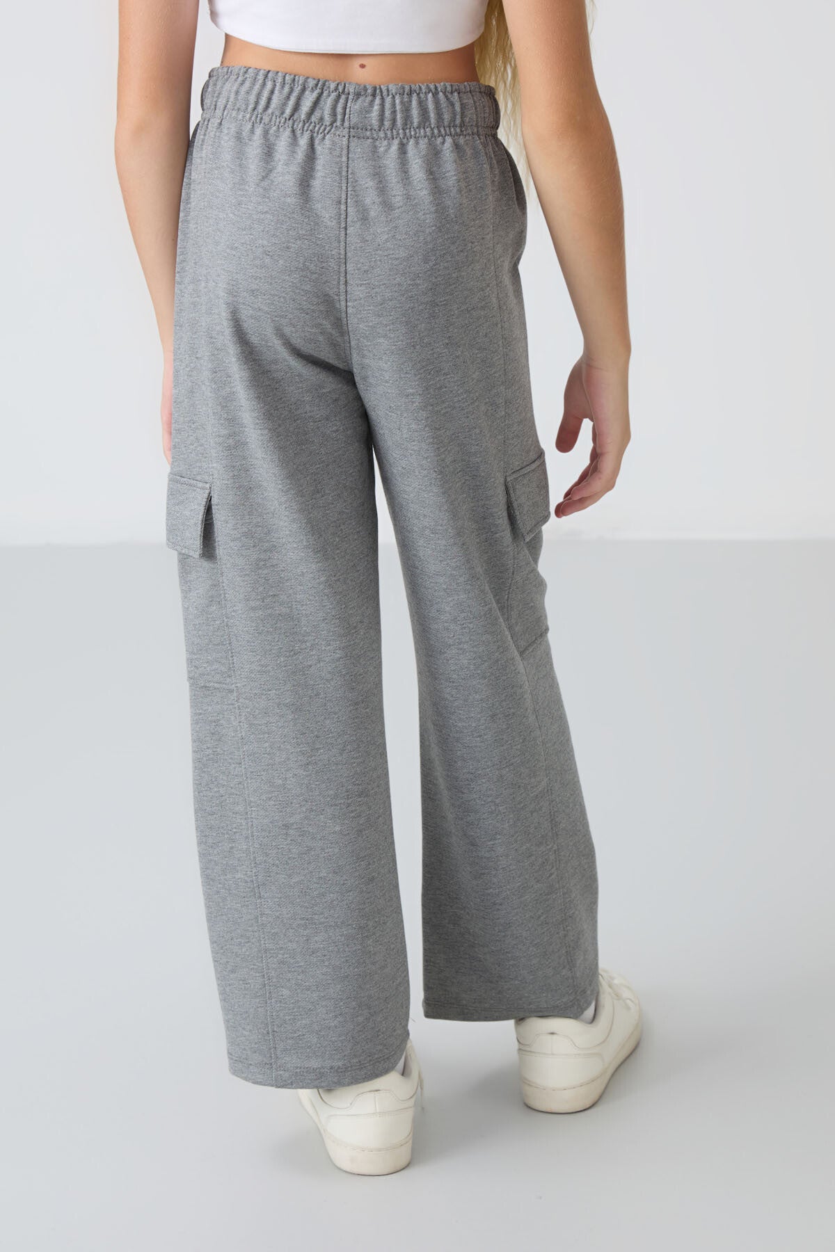 Grey Melange Cargo Pocket Front Stitch Detailed Wide Leg Girls' Tracksuit Bottom - 75143