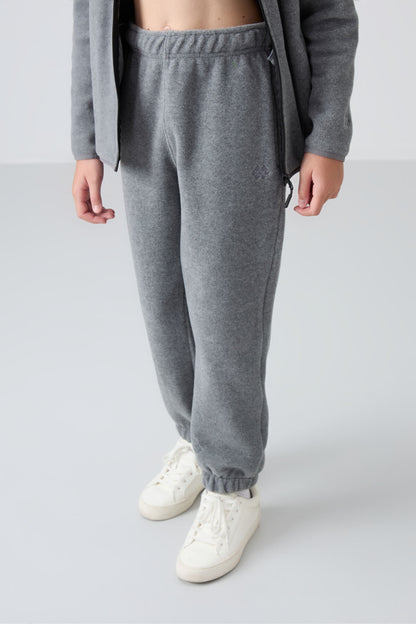 Grey Melange Thick Soft Textured Standard Fit Embroidered Fleece Girls' Tracksuit Bottom - 75155