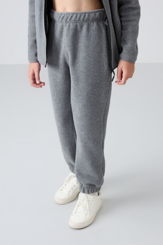 Grey Melange Thick Soft Textured Standard Fit Embroidered Fleece Girls' Tracksuit Bottom - 75155