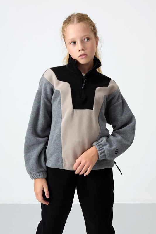 Grey Melange Thick Soft Textured Oversize Embroidered Fleece Girl's Sweatshirt - 75153