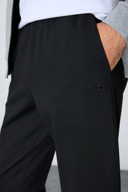 Grey Melange-Black Textured Surface Standard Fit Embroidered Men's Tracksuit Set - 85248