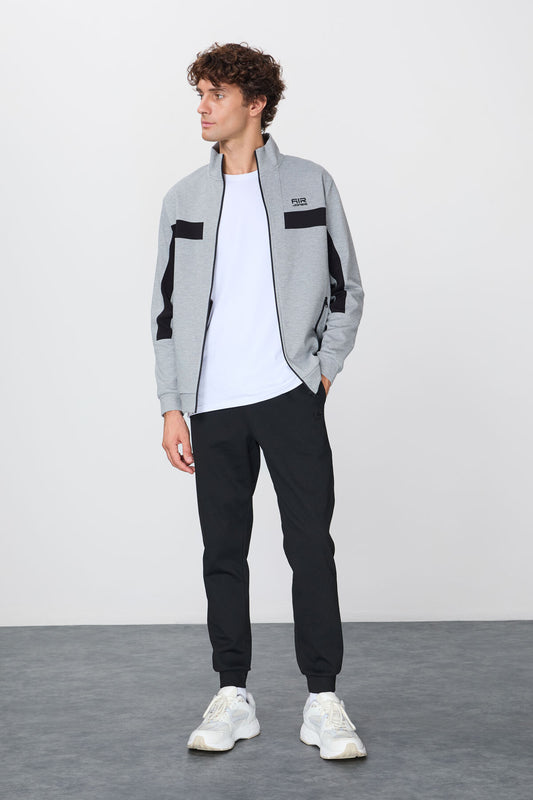 Grey Melange-Black Textured Surface Standard Fit Embroidered Men's Tracksuit Set - 85248