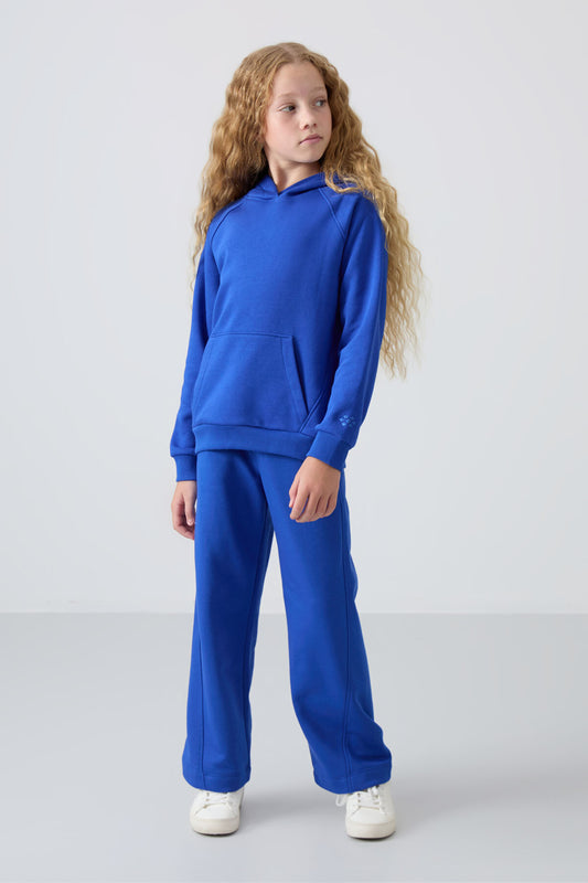Night Blue Cotton Fleece-Lined Soft Textured Standard Fit Embroidered Girls' Tracksuit Set - 75162
