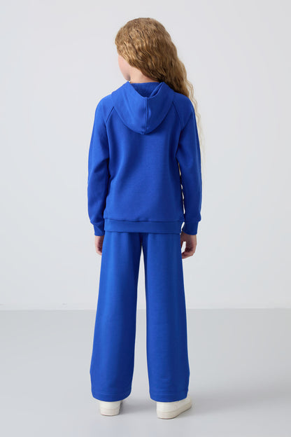 Night Blue Cotton Fleece-Lined Soft Textured Standard Fit Embroidered Girls' Tracksuit Set - 75162