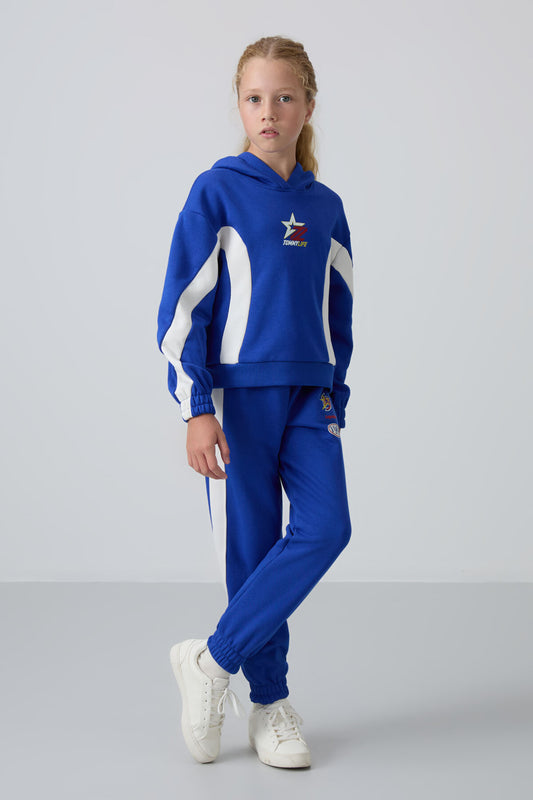 Night Blue Cotton Fleece-Lined Soft Textured Standard Fit Printed Girls' Tracksuit Set - 75166