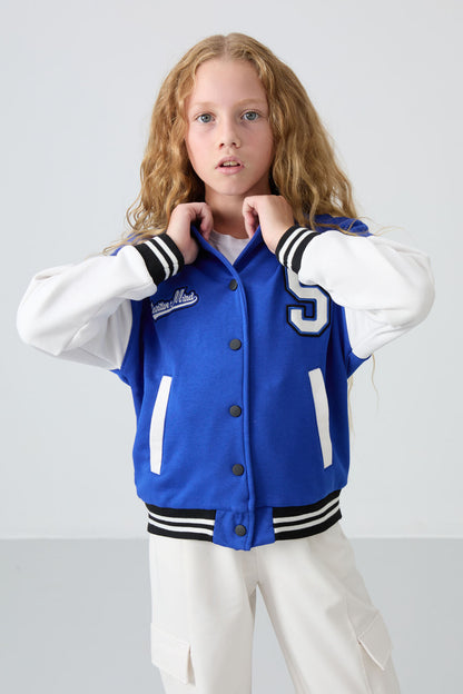 Night Blue Cotton Lined Fleece Soft Textured Standard Fit Embroidered Girls' College Jacket - 75163