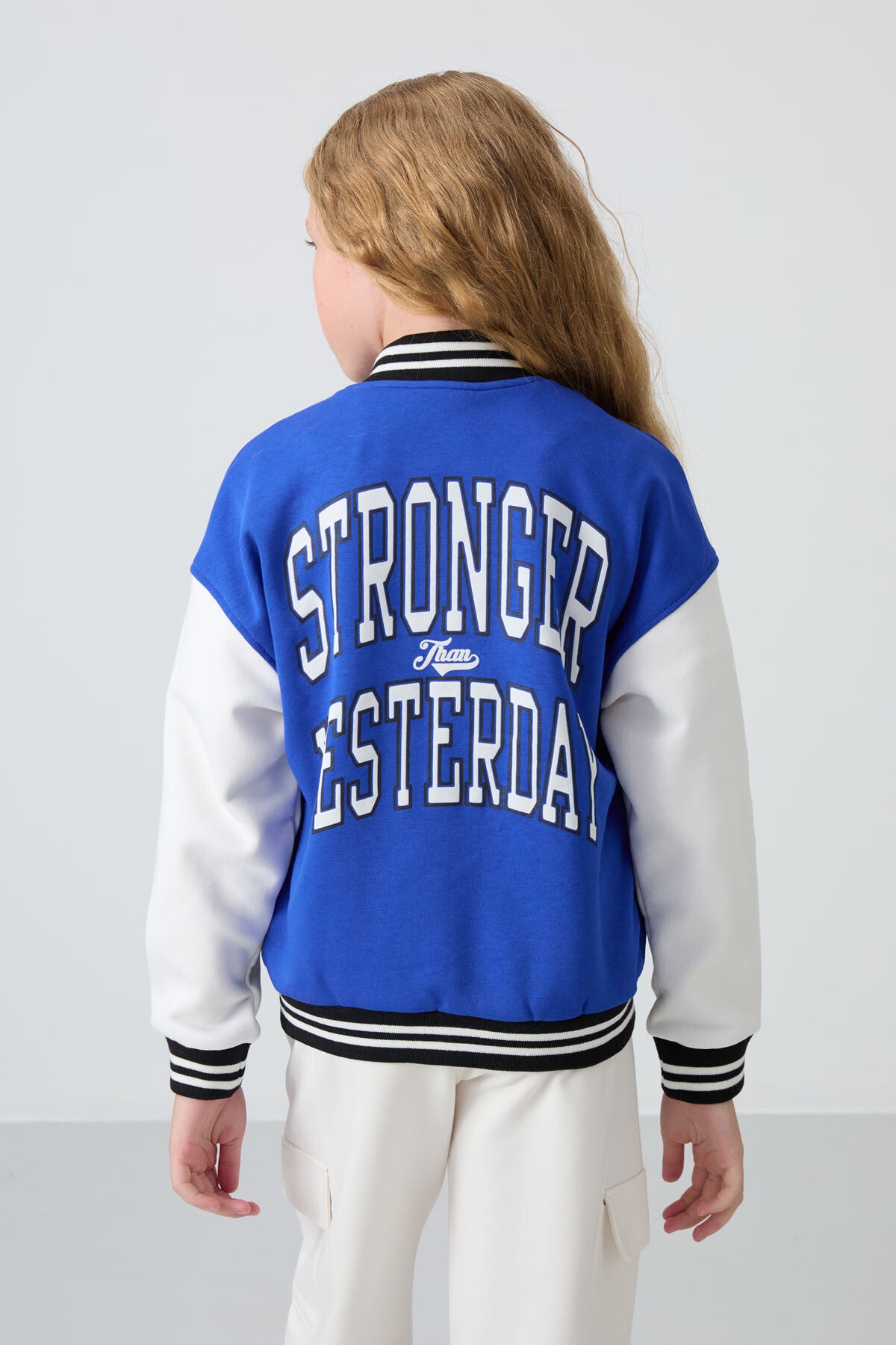 Night Blue Cotton Lined Fleece Soft Textured Standard Fit Embroidered Girls' College Jacket - 75163