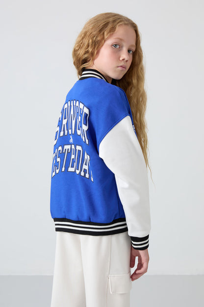 Night Blue Cotton Lined Fleece Soft Textured Standard Fit Embroidered Girls' College Jacket - 75163