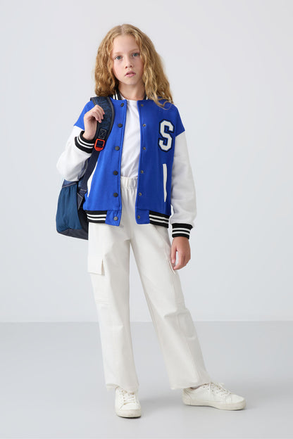 Night Blue Cotton Lined Fleece Soft Textured Standard Fit Embroidered Girls' College Jacket - 75163