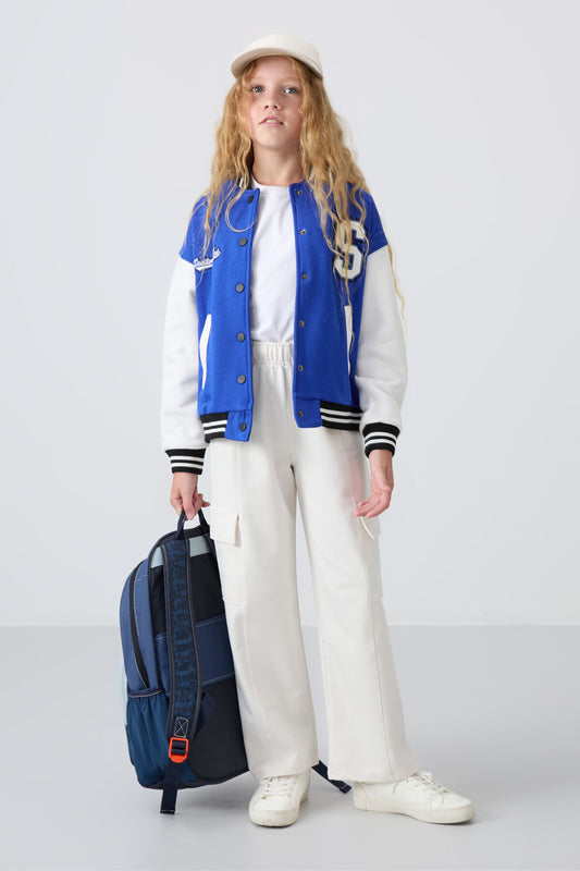 Night Blue Cotton Lined Fleece Soft Textured Standard Fit Embroidered Girls' College Jacket - 75163