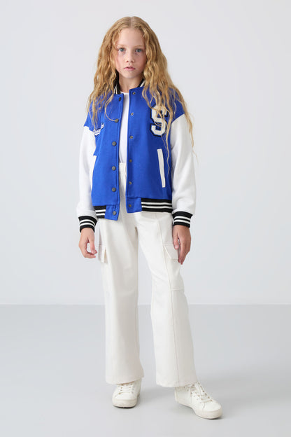 Night Blue Cotton Lined Fleece Soft Textured Standard Fit Embroidered Girls' College Jacket - 75163