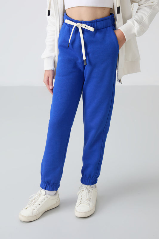 Night Blue Cotton Fleece-Lined Soft Textured Standard Fit Embroidered Girls' Tracksuit Bottom - 75158