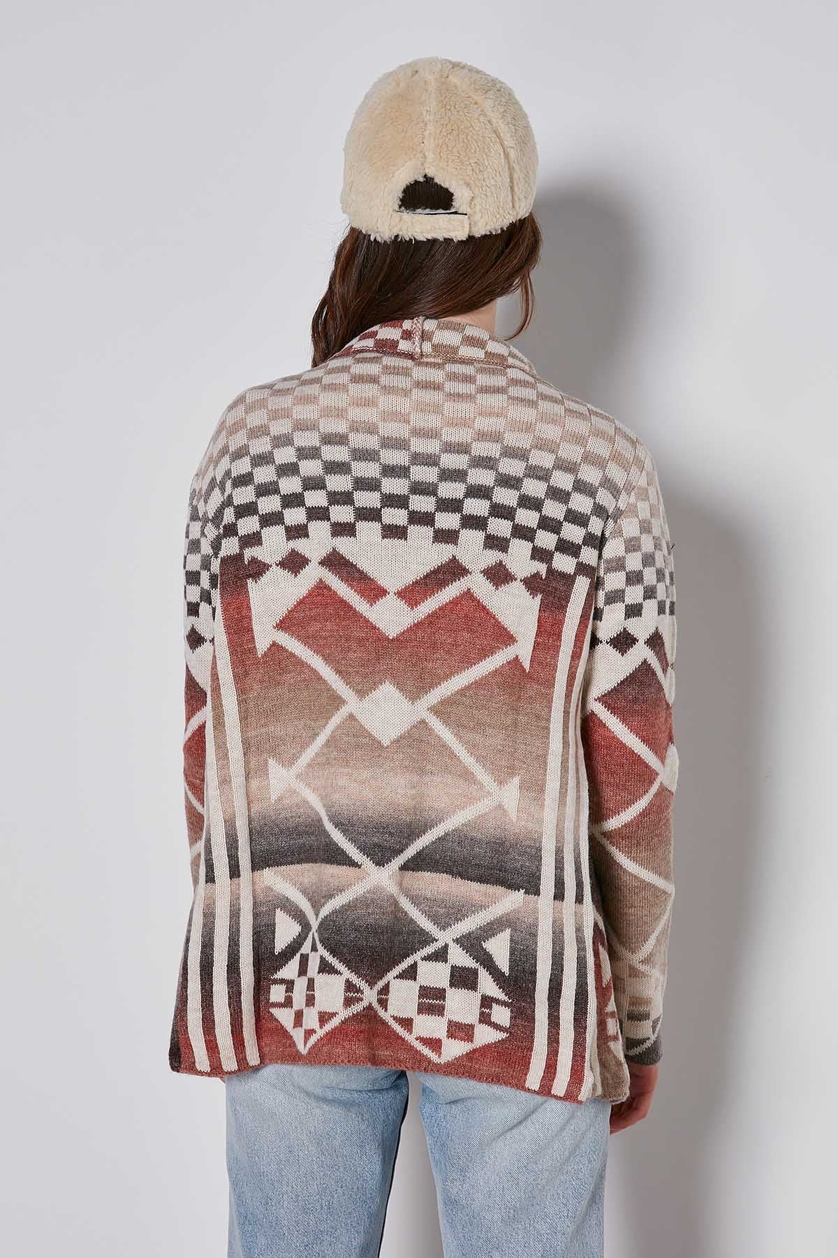 GEOMETRIC PATTERN SHAWL COLLAR KNITTED CARDIGAN
