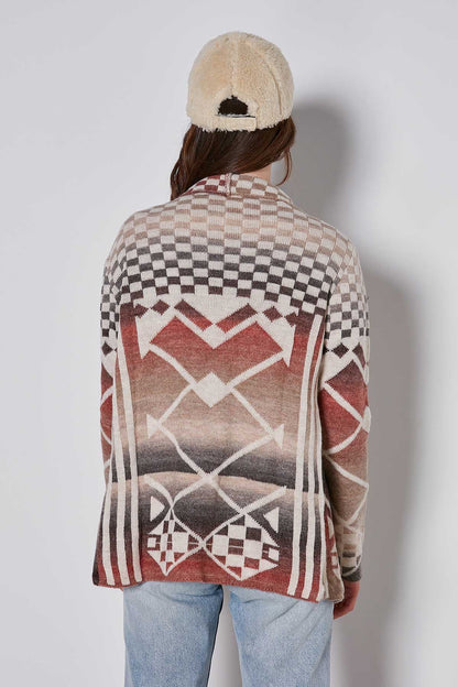 GEOMETRIC PATTERN SHAWL COLLAR KNITTED CARDIGAN