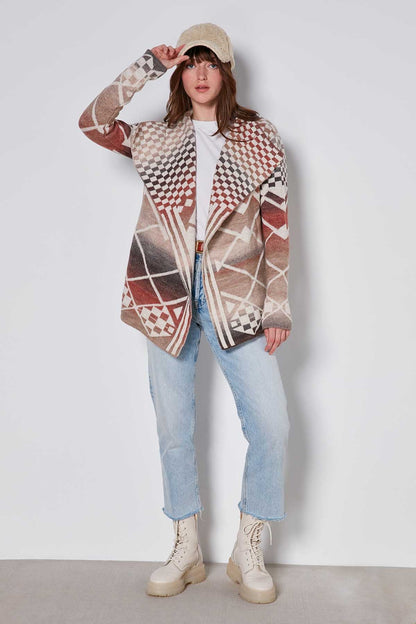 GEOMETRIC PATTERN SHAWL COLLAR KNITTED CARDIGAN