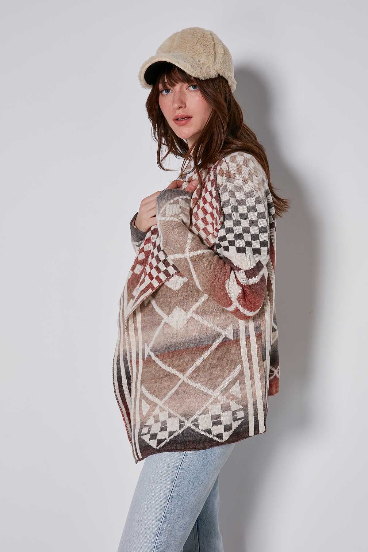 GEOMETRIC PATTERN SHAWL COLLAR KNITTED CARDIGAN