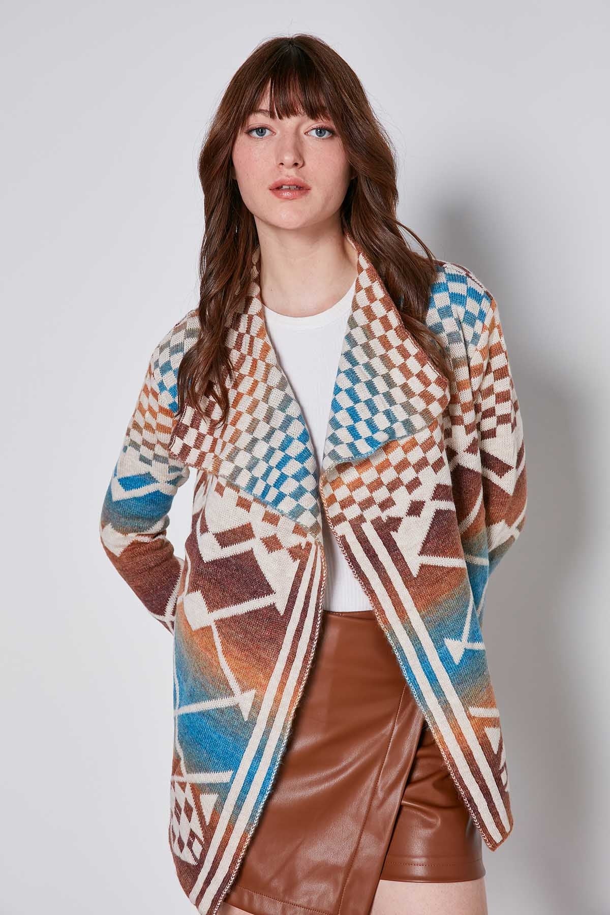 GEOMETRIC PATTERN SHAWL COLLAR KNITTED CARDIGAN