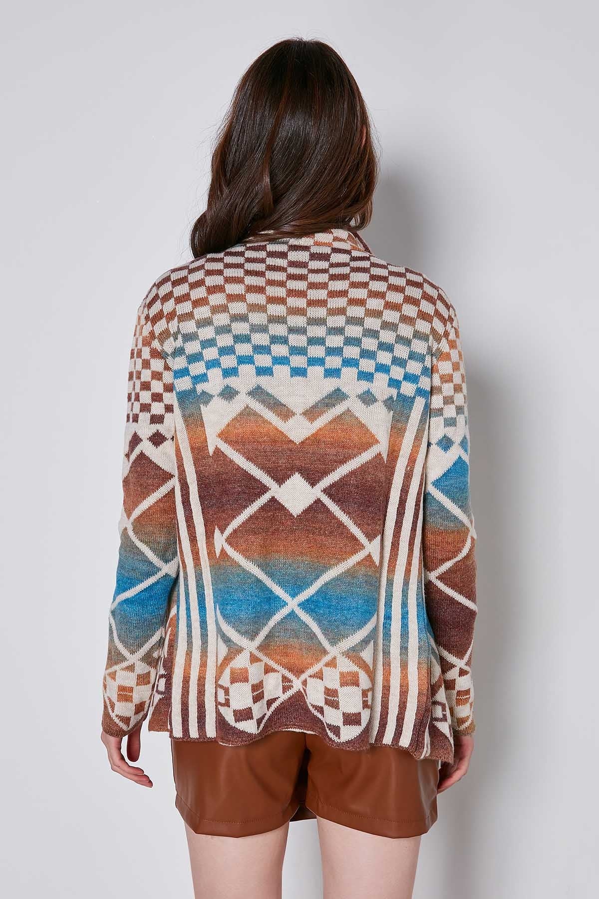 GEOMETRIC PATTERN SHAWL COLLAR KNITTED CARDIGAN