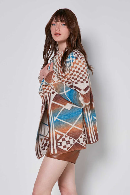 GEOMETRIC PATTERN SHAWL COLLAR KNITTED CARDIGAN